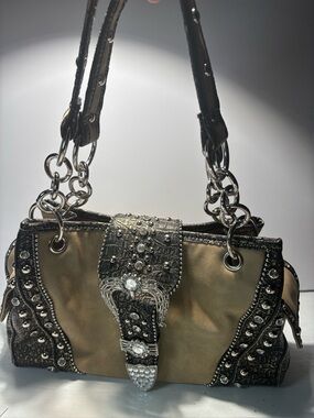 COWGIRL MONTANA WEST STYLE BLING PURSE, TAN SUEDE, STUDS, RHINESTONES, FAUX CROC